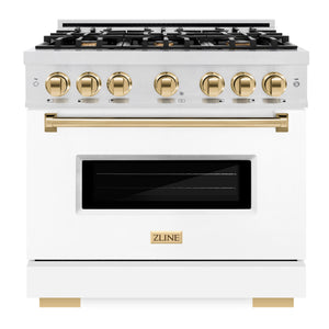 ZLINE Autograph 36" 5.2 cu. ft. Classic Gas Range with 6 Burners in DuraSnow® Stainless Steel with White Matte Door and Polished Gold Accents, CGRSZ-WM-36-G