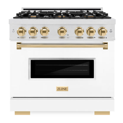 ZLINE Autograph 36" 5.2 cu. ft. Classic Gas Range with 6 Burners in DuraSnow® Stainless Steel with White Matte Door and Polished Gold Accents, CGRSZ-WM-36-G