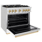 ZLINE Autograph 36" 5.2 cu. ft. Classic Gas Range with 6 Burners in DuraSnow® Stainless Steel with White Matte Door and Polished Gold Accents, CGRSZ-WM-36-G