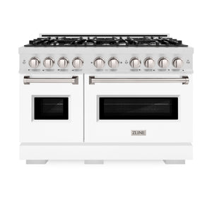 ZLINE 48" 6.7 cu. ft. Classic Double Oven Gas Range with 8 Burners in DuraSnow® Stainless Steel with White Matte Doors, CGRS-WM-48