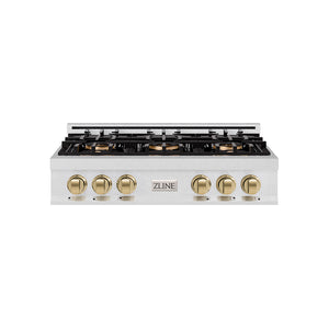 ZLINE Autograph 36" Classic Gas Rangetop with 6 Burner DuoPro™ Cooktop in Satin Stainless Steel and Champagne Bronze Accents, PCRTSZ-36-CB