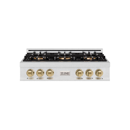 ZLINE Autograph 36" Classic Gas Rangetop with 6 Burner DuoPro™ Cooktop in Satin Stainless Steel and Champagne Bronze Accents, PCRTSZ-36-CB