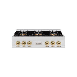 ZLINE Autograph 36" Classic Gas Rangetop with 6 Burner DuoPro™ Cooktop in Satin Stainless Steel and Polished Gold Accents, PCRTSZ-36-G