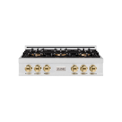ZLINE Autograph 36" Classic Gas Rangetop with 6 Burner DuoPro™ Cooktop in Satin Stainless Steel and Polished Gold Accents, PCRTSZ-36-G
