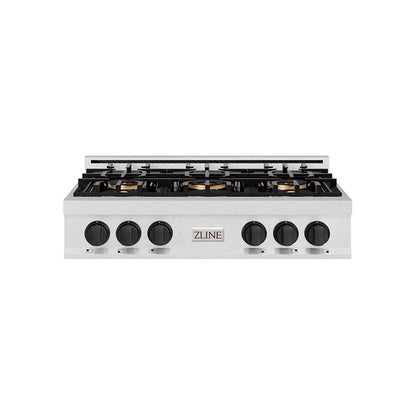 ZLINE Autograph 36" Classic Gas Rangetop with 6 Burner DuoPro™ Cooktop in Satin Stainless Steel and Matte Black Accents, PCRTSZ-36-MB