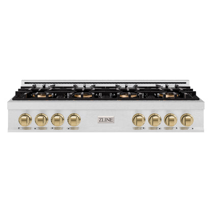 ZLINE Autograph 48" Classic Gas Rangetop with 8 Burner DuoPro™ Cooktop in Satin Stainless Steel and Champagne Bronze Accents, PCRTSZ-48-CB
