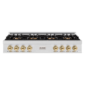 ZLINE Autograph 48" Classic Gas Rangetop with 8 Burner DuoPro™ Cooktop in Satin Stainless Steel and Polished Gold Accents, PCRTSZ-48-G