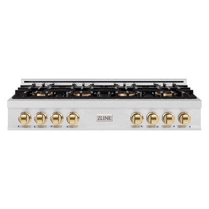 ZLINE Autograph 48" Classic Gas Rangetop with 8 Burner DuoPro™ Cooktop in Satin Stainless Steel and Polished Gold Accents, PCRTSZ-48-G