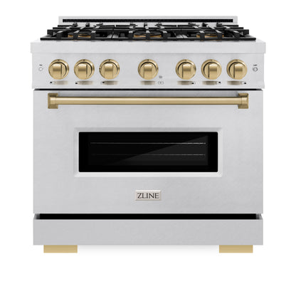 ZLINE Autograph 36" 5.2 cu. ft. Classic Dual Range with 6 Burner DuoPro™ Cooktop and Oven in Satin Stainless and Champagne Bronze Accents, PCDRSZ-36-CB