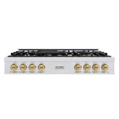 ZLINE Autograph 48" Legacy Gas Rangetop with 7 Burners and Porcelain Cooktop in Satin Stainless Steel with Champagne Bronze Accents, RTSZ-48-CB