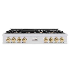 ZLINE Autograph 48" Legacy Gas Rangetop with 7 Burners and Porcelain Cooktop in Satin Stainless Steel with Polished Gold Accents, RTSZ-48-G