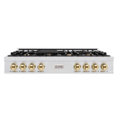 ZLINE Autograph 48" Legacy Gas Rangetop with 7 Burners and Porcelain Cooktop in Satin Stainless Steel with Polished Gold Accents, RTSZ-48-G