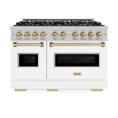 ZLINE Autograph 48" Classic Gas DuoPro™ Range in Satin Stainless Steel with White Matte Doors and Bronze Accents, PCGRSZ-WM-48-CB