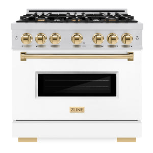ZLINE Autograph 36" 5.2 cu. ft. Classic Gas Range with 6 Burners in Stainless Steel with White Matte Door and Polished Gold Accents, CGRZ-WM-36-G