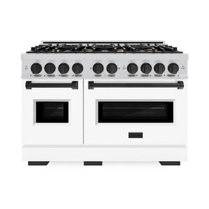 ZLINE Autograph 48" 6.7 cu. ft. Classic Double Oven Gas Range with 8 Burners in DuraSnow® Stainless Steel with White Matte Doors and Matte Black Accents, CGRSZ-WM-48-MB