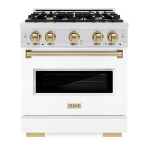 ZLINE Autograph 30" 4.2 cu. ft. Classic Gas Range with 4 Burners in DuraSnow® Stainless Steel with White Matte Door and Champagne Bronze Accents, CGRSZ-WM-30-CB