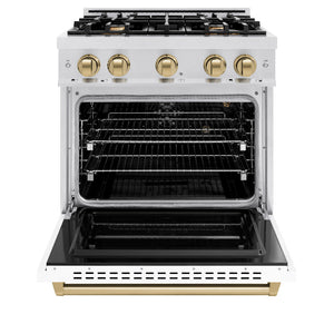 ZLINE Autograph 30" 4.2 cu. ft. Classic Gas Range with 4 Burners in DuraSnow® Stainless Steel with White Matte Door and Champagne Bronze Accents, CGRSZ-WM-30-CB