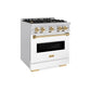 ZLINE Autograph 30" 4.2 cu. ft. Classic Gas Range with 4 Burners in DuraSnow® Stainless Steel with White Matte Door and Polished Gold Accents, CGRSZ-WM-30-G