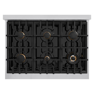 ZLINE Autograph Edition 36 in. Porcelain Rangetop with 6 Gas Burners in Stainless Steel and Matte Black Accents, RTZ-36-MB