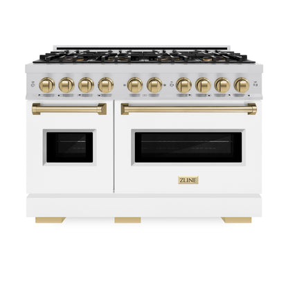 ZLINE Autograph Edition 48" Classic Dual Fuel Range with 8 Burner DuoPro™ Cooktop with White Doors and Bronze Accents, PCDRZ-WM-48-CB