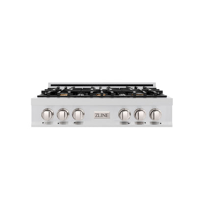 ZLINE 36" Rangetop in Stainless Steel with 6 Gas Brass Burners and Griddle, RT-BR-GR-36