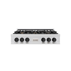 ZLINE Autograph Edition 36 in. Porcelain Rangetop with 6 Gas Burners in Stainless Steel and Matte Black Accents, RTZ-36-MB