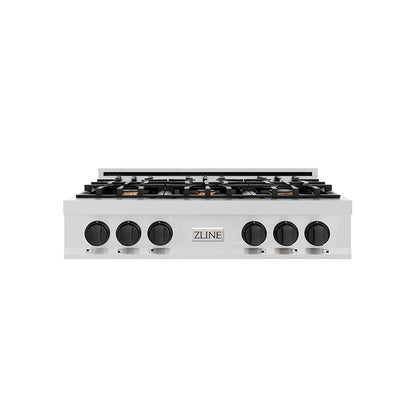 ZLINE Autograph Edition 36 in. Porcelain Rangetop with 6 Gas Burners in Stainless Steel and Matte Black Accents, RTZ-36-MB
