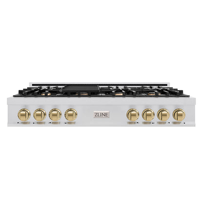 ZLINE Autograph Edition 48 In. Rangetop with 7 Gas Burners in Stainless Steel and Champagne Bronze Accents, RTZ-48-CB