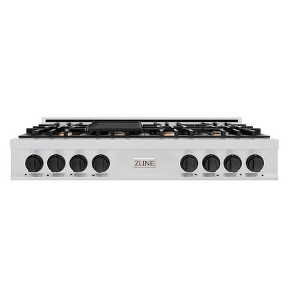 ZLINE Autograph Edition 48 in. Porcelain Rangetop with 7 Gas Burners in Stainless Steel and Matte Black Accents, RTZ-48-MB