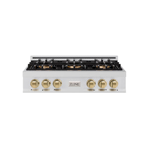 ZLINE Autograph 36" Classic Gas Rangetop with 6 Burner DuoPro™ Cooktop in Stainless Steel and Champagne Bronze Accents, PCRTZ-36-CB