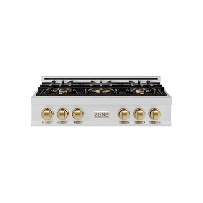 ZLINE Autograph 36" Classic Gas Rangetop with 6 Burner DuoPro™ Cooktop in Stainless Steel and Champagne Bronze Accents, PCRTZ-36-CB
