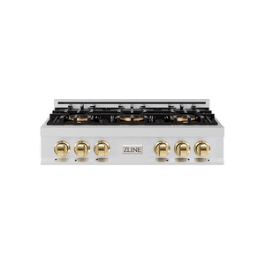 ZLINE Autograph 36" Classic Gas Rangetop with 6 Burner DuoPro™ Cooktop in Stainless Steel and Polished Gold Accents, PCRTZ-36-G
