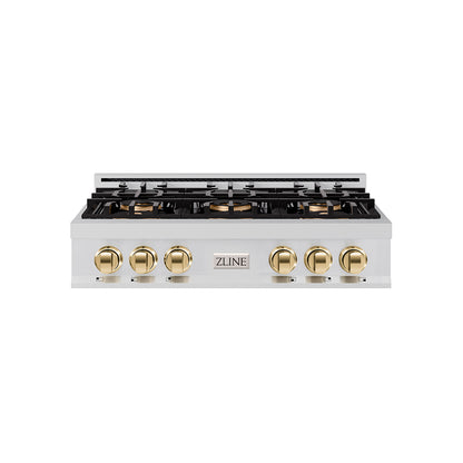 ZLINE Autograph 36" Classic Gas Rangetop with 6 Burner DuoPro™ Cooktop in Stainless Steel and Polished Gold Accents, PCRTZ-36-G