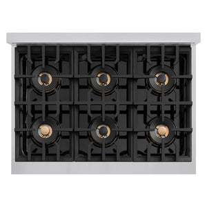 ZLINE Autograph 36" Classic Gas Rangetop with 6 Burner DuoPro™ Cooktop in Stainless Steel and Polished Gold Accents, PCRTZ-36-G