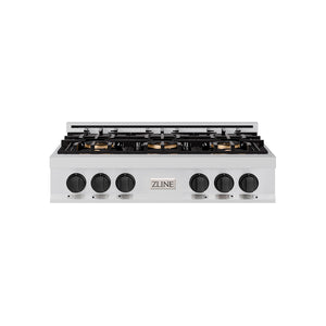 ZLINE Autograph 36" Classic Gas Rangetop with 6 Burner DuoPro™ Cooktop in Stainless Steel and Matte Black Accents, PCRTZ-36-MB