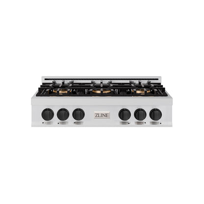 ZLINE Autograph 36" Classic Gas Rangetop with 6 Burner DuoPro™ Cooktop in Stainless Steel and Matte Black Accents, PCRTZ-36-MB