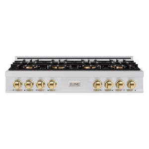 ZLINE Autograph 48" Classic Gas Rangetop with 8 Burner DuoPro™ Cooktop in Stainless Steel and Polished Gold Accents, PCRTZ-48-G
