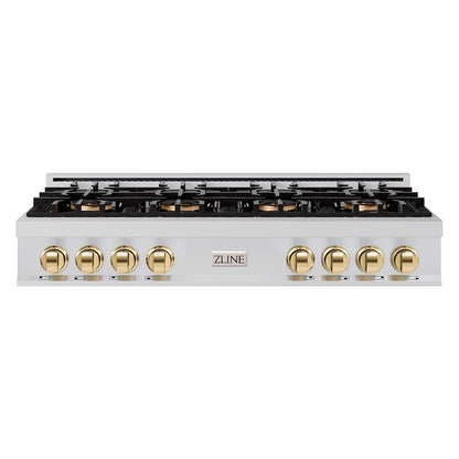 ZLINE Autograph 48" Classic Gas Rangetop with 8 Burner DuoPro™ Cooktop in Stainless Steel and Polished Gold Accents, PCRTZ-48-G