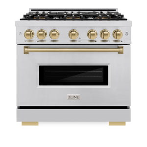 ZLINE Autograph 36" Classic Gas Range with 6 Burner DuoPro™ Cooktop and Gas Oven in Stainless Steel with Bronze Accents, PCGRZ-36-CB