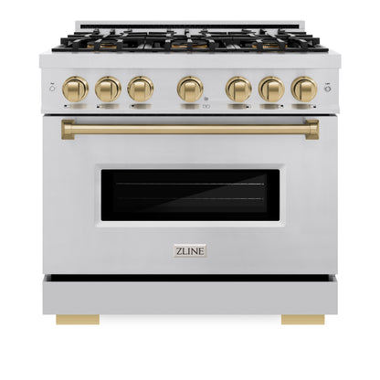 ZLINE Autograph 36" Classic Gas Range with 6 Burner DuoPro™ Cooktop and Gas Oven in Stainless Steel with Bronze Accents, PCGRZ-36-CB