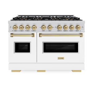 ZLINE Autograph Edition 48" Classic Gas Range with 8 Burner DuoPro™ Cooktop with White Doors and Champagne Bronze Accents, PCGRZ-WM-48-CB
