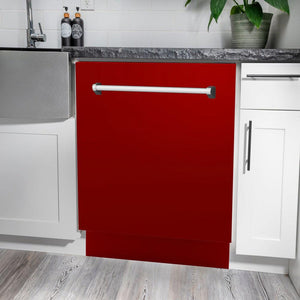ZLINE Tallac 24-Inch Top Control Built-In Dishwasher, Red Gloss Panel, Traditional Handle, 51 dBA, DWV-RG-24