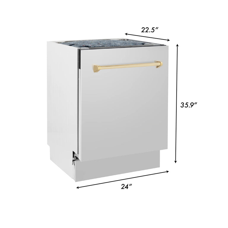 ZLINE Autograph Series 24 inch Tall Dishwasher in Stainless Steel with Gold Handle, DWVZ-304-24-G