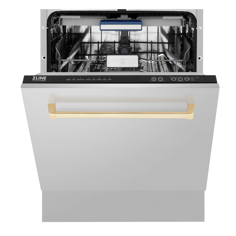 ZLINE Autograph Series 24 inch Tall Dishwasher in Stainless Steel with Gold Handle, DWVZ-304-24-G