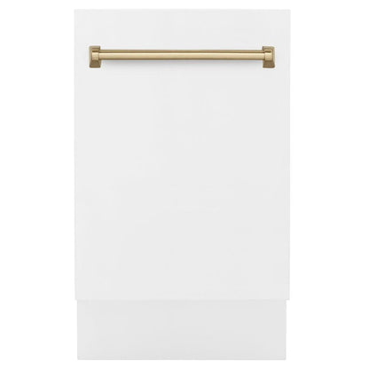ZLINE Tallac Autograph Edition 18-Inch Top Control Built-In Dishwasher, White Matte Panel, Modern Champagne Bronze Handle, 51 dBA (DWVZ-WM-18-CB)