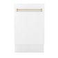 ZLINE Tallac Autograph Edition 18-Inch Top Control Built-In Dishwasher, White Matte Panel, Modern Polished Gold Handle, 51 dBA, DWVZ-WM-18-G