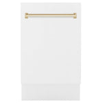 ZLINE Tallac Autograph Edition 18-Inch Top Control Built-In Dishwasher, White Matte Panel, Modern Polished Gold Handle, 51 dBA (DWVZ-WM-18-G)