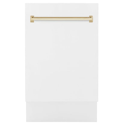 ZLINE Tallac Autograph Edition 18-Inch Top Control Built-In Dishwasher, White Matte Panel, Modern Polished Gold Handle, 51 dBA (DWVZ-WM-18-G)