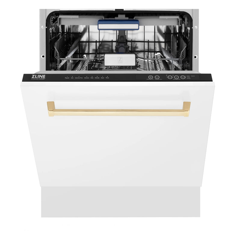 ZLINE Autograph Series 24 inch Tall Dishwasher in White Matte with Gold Handle, DWVZ-WM-24-G