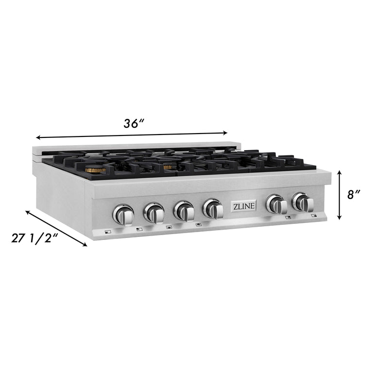 ZLINE 36 in. Rangetop in DuraSnow® Stainless Steel with 6 Gas Brass Burners, RTS-BR-36